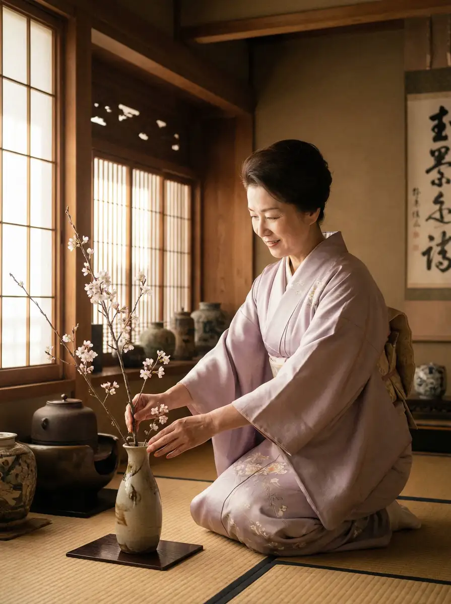一位优雅的 美女网站18 在和室中插花